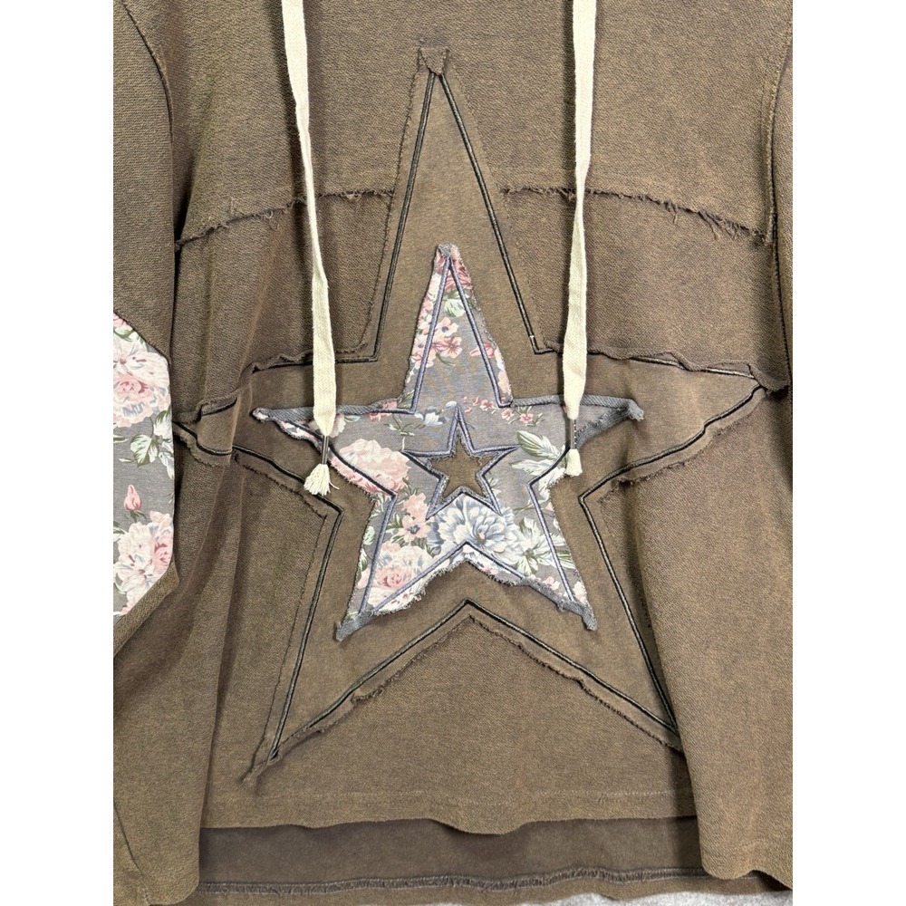 POL Women's L Brown Floral Patchwork Oversized Hoodie Boho Star Appliqué, Cotton - Picture 3 of 13